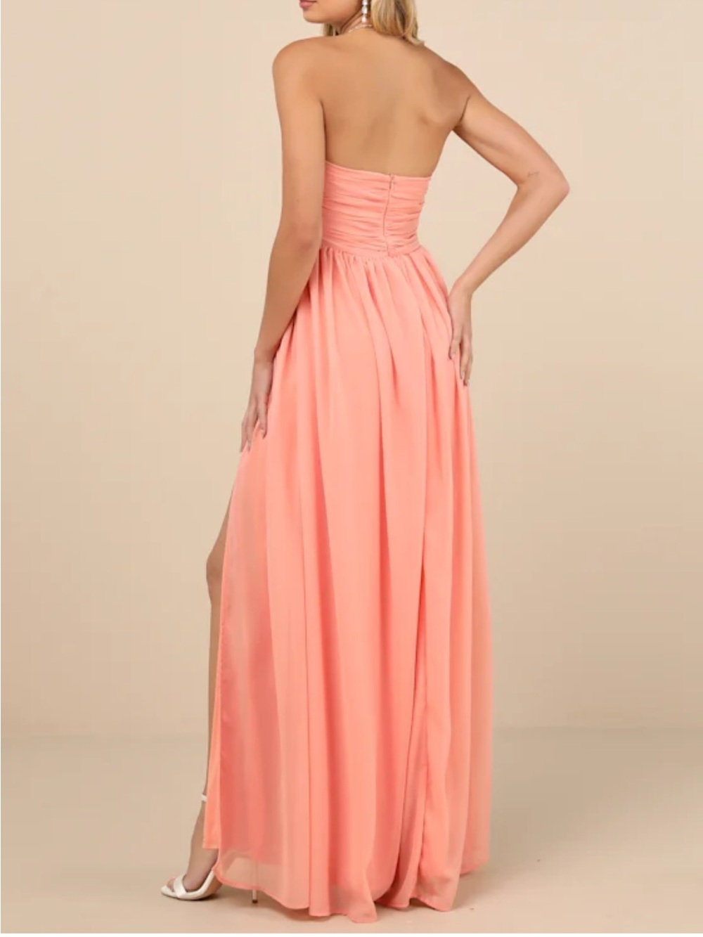 Lulus Luxe Favorite Peach Pink Strapless Ruched Maxi Dress Size M NWT - Picture 2 of 14